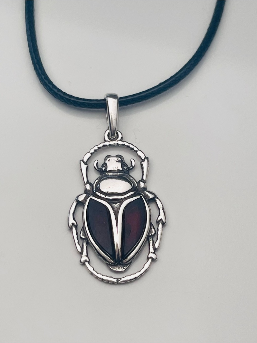 Sterling Scarab Beetle Pendant Necklace cherry amber Inlay